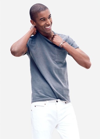White Jeans Hot Weather Outfits For Men: For a relaxed casual ensemble, team a light blue crew-neck t-shirt with white jeans — these pieces go beautifully together.