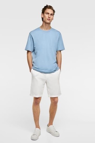 Men's Light Blue Crew-neck T-shirt, White Shorts, White Leather Low Top ...