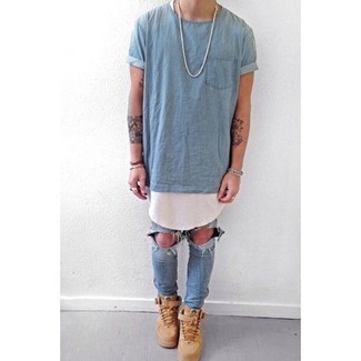Light Blue Ripped Skinny Jeans Outfits For Men: This street style combination of a light blue crew-neck t-shirt and light blue ripped skinny jeans is very versatile and really apt for whatever the day throws at you. And if you wish to easily rev up your ensemble with a pair of shoes, introduce tan high top sneakers to the mix.