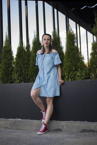 Women's Light Blue Denim Casual Dress, Red High Top Sneakers, Black Leather Necklace
