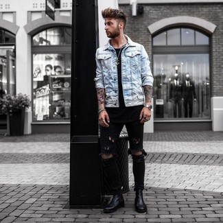 Light Blue Denim Jacket Outfits For Men: A light blue denim jacket and black ripped skinny jeans are amazing menswear must-haves to integrate into your daily rotation. Let your sartorial sensibilities truly shine by rounding off this look with a pair of black leather chelsea boots.