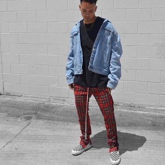 Red Plaid Sweatpants Outfits For Men: A light blue denim jacket looks so great when teamed with red plaid sweatpants in a relaxed ensemble. Finishing with white and black slip-on sneakers is a fail-safe way to add a little classiness to this look.