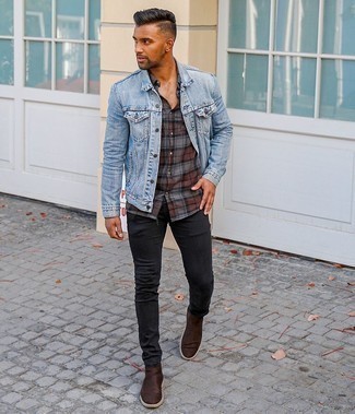 Charcoal Plaid Long Sleeve Shirt Outfits For Men: If you're obsessed with comfort dressing when it comes to fashion, you'll appreciate this casual street style combination of a charcoal plaid long sleeve shirt and black skinny jeans. For a more polished vibe, why not complement your ensemble with a pair of dark brown suede chelsea boots?
