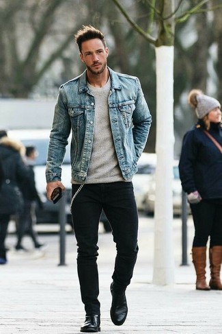 denim jacket and black jeans outfit