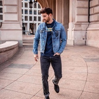 Charcoal Jeans Outfits For Men: Fashionable and functional, this relaxed casual combination of a light blue print denim jacket and charcoal jeans provides with variety. Black leather chelsea boots are guaranteed to give a bit of elegance to this outfit.