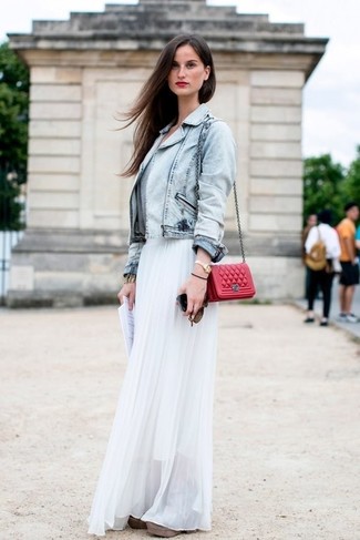 Women's Light Blue Denim Jacket, White Pleated Chiffon Maxi Skirt, Red Quilted Leather Crossbody Bag