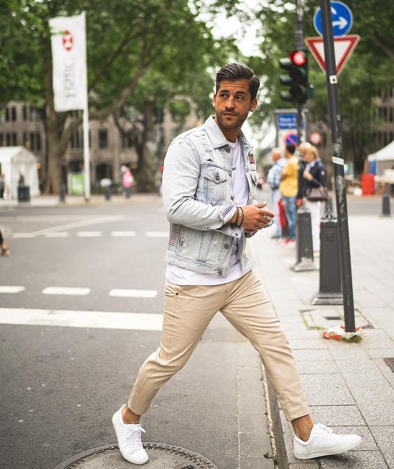 White-Low-Top-Sneakers-styled-with-Blue-Denim-Jacket-Beige-Hoodie-White-T- shirt-and-a-pair-of-Light-Blue-Destroyed-Jeans-1 ⋆ Best Fashion Blog For  Men 