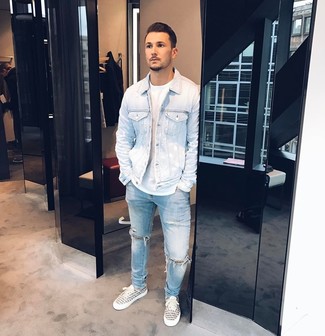 Men's Light Blue Denim Jacket, White Crew-neck T-shirt, Light Blue Ripped Jeans, White and Black Print Canvas Low Top Sneakers