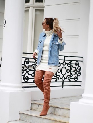 Pink Suede Over The Knee Boots Outfits: If you enjoy functional ensembles, team a light blue denim jacket with a white sweater dress. Demonstrate your sophisticated side by rounding off with a pair of pink suede over the knee boots.
