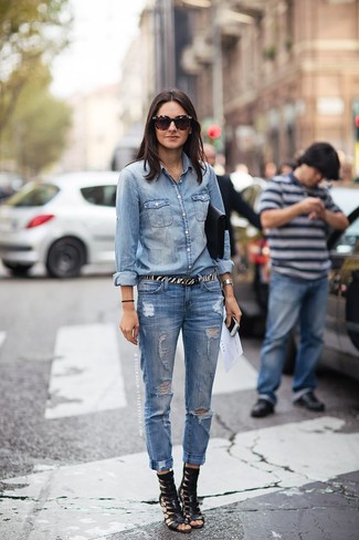 Dark Brown Sunglasses Outfits For Women: If you want to look cool and remain comfy, rock a light blue denim shirt with dark brown sunglasses. If you're clueless about how to finish off, a pair of black leather gladiator sandals is a nice choice.