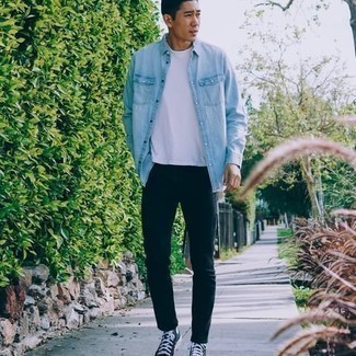 Light Blue Denim Shirt Outfits For Men: A light blue denim shirt and black skinny jeans are among the fundamental items in any guy's functional casual collection. A pair of black and white canvas high top sneakers integrates effortlessly within a great deal of combos.