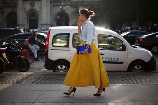 Women's Light Blue Denim Shirt, Yellow Full Skirt, Black Suede Pumps, Blue Satin Clutch