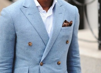 Aquamarine Blazer Outfits For Men: An aquamarine blazer looks so sophisticated when combined with a white and blue vertical striped dress shirt.