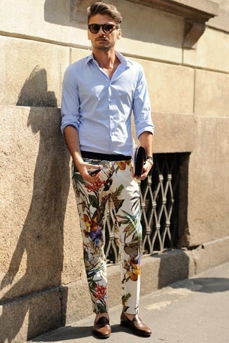 Floral Pants Outfits For Men: For a smart casual look, reach for a light blue dress shirt and floral pants — these pieces work perfectly well together. You could perhaps get a bit experimental with shoes and complete your look with brown leather loafers.