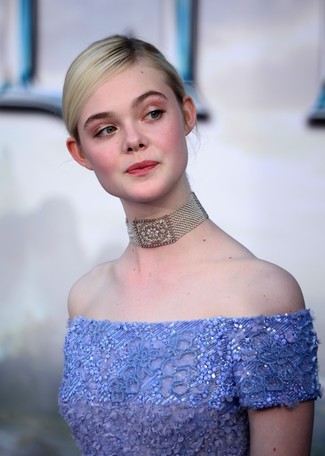 Elle Fanning wearing Light Blue Embroidered Evening Dress, Silver Embellished Necklace
