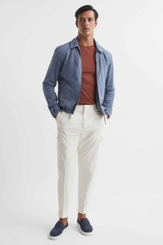 Harrington Jacket Outfits: If the setting permits laid-back dressing, try pairing a harrington jacket with white cargo pants. Balance out this getup with a dressier kind of shoes, such as this pair of navy suede loafers.