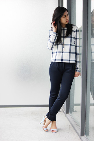 Women's White Pendant, Light Blue Leather Heeled Sandals, Navy Skinny Pants, White and Black Check Crew-neck Sweater