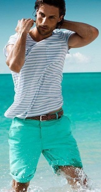 Aquamarine Horizontal Striped Crew-neck T-shirt Outfits For Men: This casual pairing of an aquamarine horizontal striped crew-neck t-shirt and mint shorts is a goofproof option when you need to look cool but have no extra time.