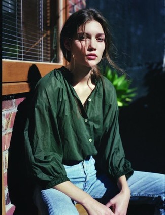 Dark Green Button Down Blouse Outfits: 