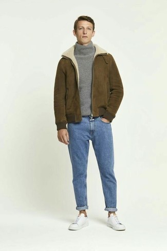 Men's White Leather Low Top Sneakers, Light Blue Jeans, Grey Knit Wool Turtleneck, Brown Shearling Jacket