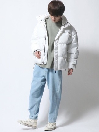 Men's White Canvas High Top Sneakers, Light Blue Jeans, Mint Crew-neck T-shirt, White Puffer Jacket