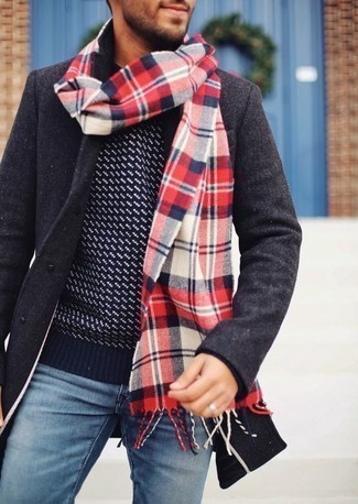 Men's White and Red and Navy Plaid Scarf, Light Blue Jeans, Navy and White Print Crew-neck Sweater, Charcoal Pea Coat