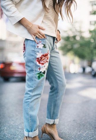Light Blue Embroidered Jeans Outfits For Women: 
