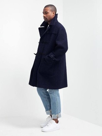 Navy Duffle Coat Outfits For Men: 