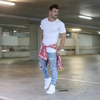 Men's White High Top Sneakers, Light Blue Ripped Jeans, White Crew-neck T-shirt, Red and White Plaid Long Sleeve Shirt