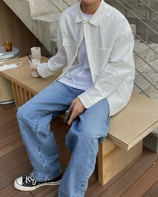 Men's Black and White Canvas High Top Sneakers, Light Blue Jeans, White Crew-neck T-shirt, White Long Sleeve Shirt