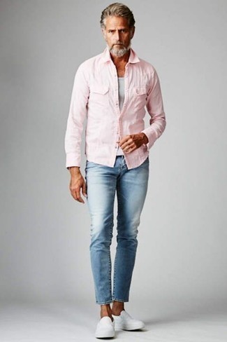Men's White Canvas Slip-on Sneakers, Light Blue Jeans, White Tank, Pink Long Sleeve Shirt