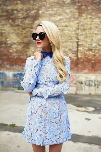 Light Blue Lace Shift Dress Outfits: Flaunt your classy side by opting for a light blue lace shift dress.