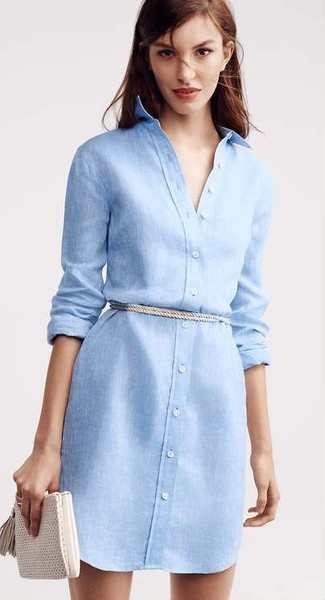 Women's Light Blue Linen Shirtdress, White Leather Clutch