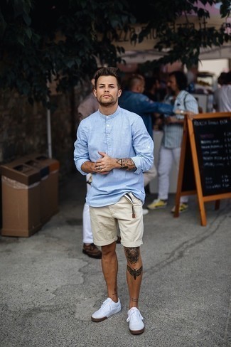 Men's Light Blue Long Sleeve Shirt, Beige Shorts, White Canvas Low Top Sneakers, Multi colored Canvas Belt
