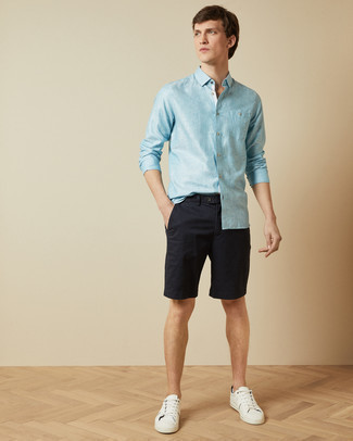 Aquamarine Long Sleeve Shirt Outfits For Men: An aquamarine long sleeve shirt and black shorts are among the fundamental elements in any gent's versatile casual collection. Complete this ensemble with a pair of white leather low top sneakers and the whole ensemble will come together really well.