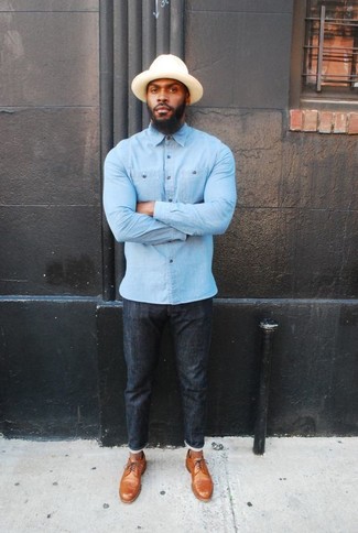 Beige Hat Outfits For Men: This casual pairing of a light blue chambray long sleeve shirt and a beige hat is clean, on-trend and extremely easy to recreate. Balance your outfit with a more sophisticated kind of shoes, such as this pair of tan leather derby shoes.