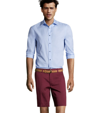 Men's Light Blue Long Sleeve Shirt, Burgundy Shorts, Tan Woven Leather Belt