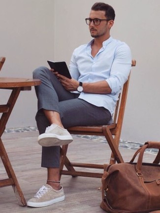 Men's Light Blue Long Sleeve Shirt, Charcoal Dress Pants, Beige Low Top Sneakers, Brown Leather Holdall