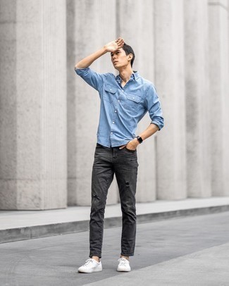 Men's Light Blue Chambray Long Sleeve Shirt, Charcoal Ripped Jeans, White Canvas Low Top Sneakers, Black Leather Watch