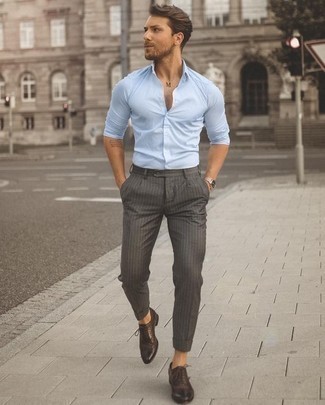 Men's Light Blue Long Sleeve Shirt, Grey Vertical Striped Chinos, Dark Brown Leather Oxford Shoes, Silver Watch