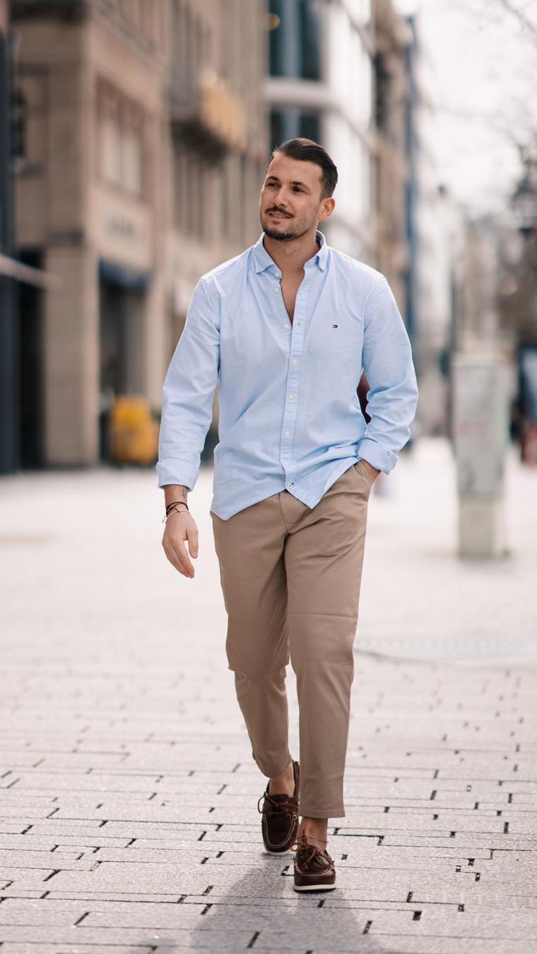 Men'S Light Blue Long Sleeve Shirt, Khaki Chinos, Dark Brown Leather Boat  Shoes | Lookastic