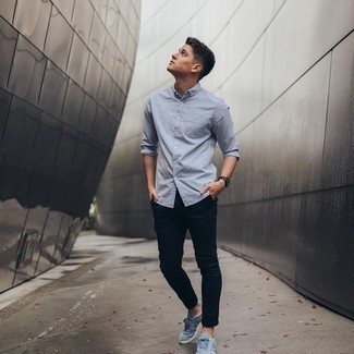 Men's Light Blue Long Sleeve Shirt, Navy Chinos, Light Blue Canvas Low Top Sneakers, Black Leather Watch