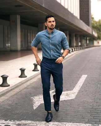 Men's Light Blue Chambray Long Sleeve Shirt, Navy Chinos, Navy Leather ...