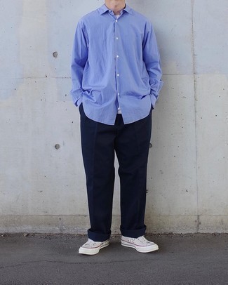 Men's Light Blue Long Sleeve Shirt, Navy Chinos, White Canvas Low Top Sneakers