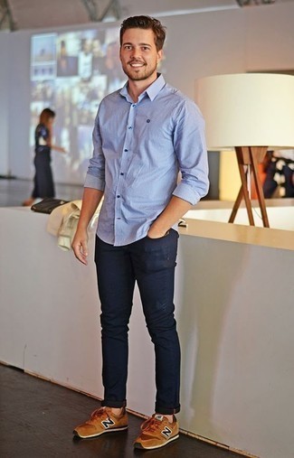 Tobacco Athletic Shoes Outfits For Men In Their 30s: Wear a light blue long sleeve shirt with navy jeans for a straightforward getup that's also put together. Tobacco athletic shoes will give a more laid-back twist to an otherwise mostly dressed-up look. Wondering how to master casual style as you turn 30? This combo is a great illustration.