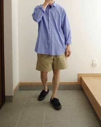 Men's Light Blue Long Sleeve Shirt, Tan Shorts, Black Canvas Low Top Sneakers
