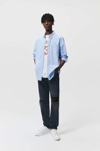 Aquamarine Long Sleeve Shirt Outfits For Men: Why not consider pairing an aquamarine long sleeve shirt with charcoal ripped jeans? Both of these pieces are super comfortable and look cool worn together. Complete your look with white canvas low top sneakers for a touch of refinement.