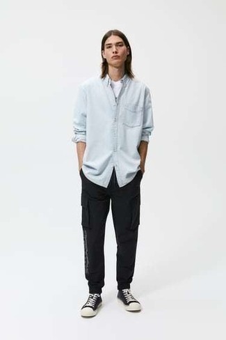 Men's Light Blue Long Sleeve Shirt, White Crew-neck T-shirt, Black Cargo Pants, Black and White Canvas Low Top Sneakers