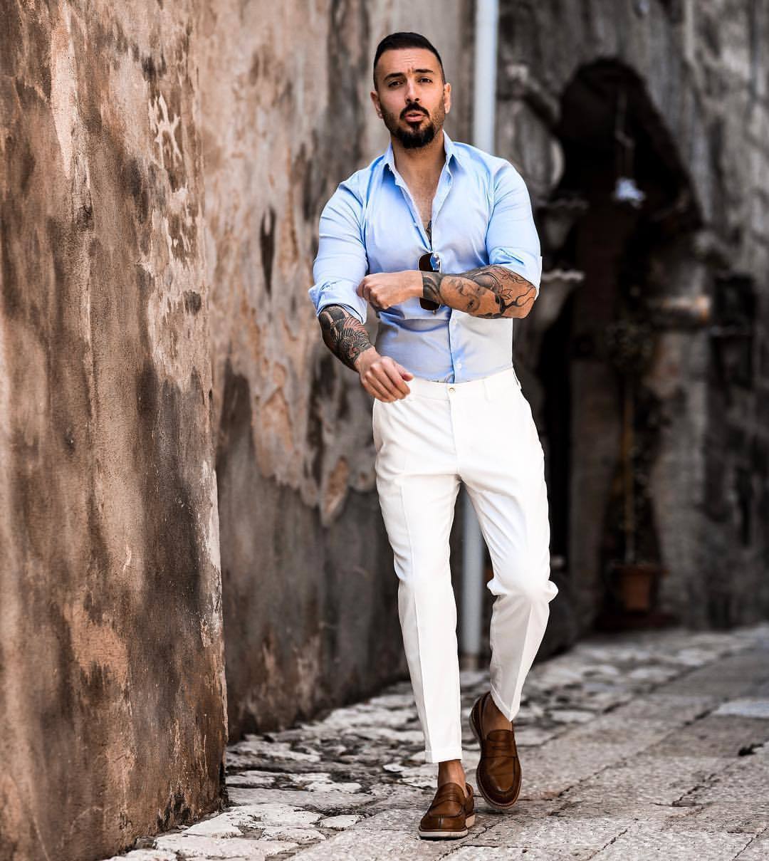 Gorgeous Men Fashion: White Pants and Blue Shirt