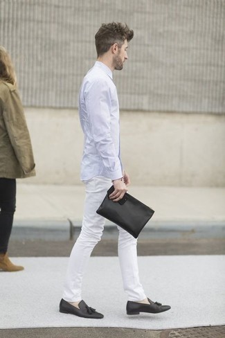 Men's Light Blue Long Sleeve Shirt, White Jeans, Black Leather Tassel Loafers, Black Canvas Zip Pouch